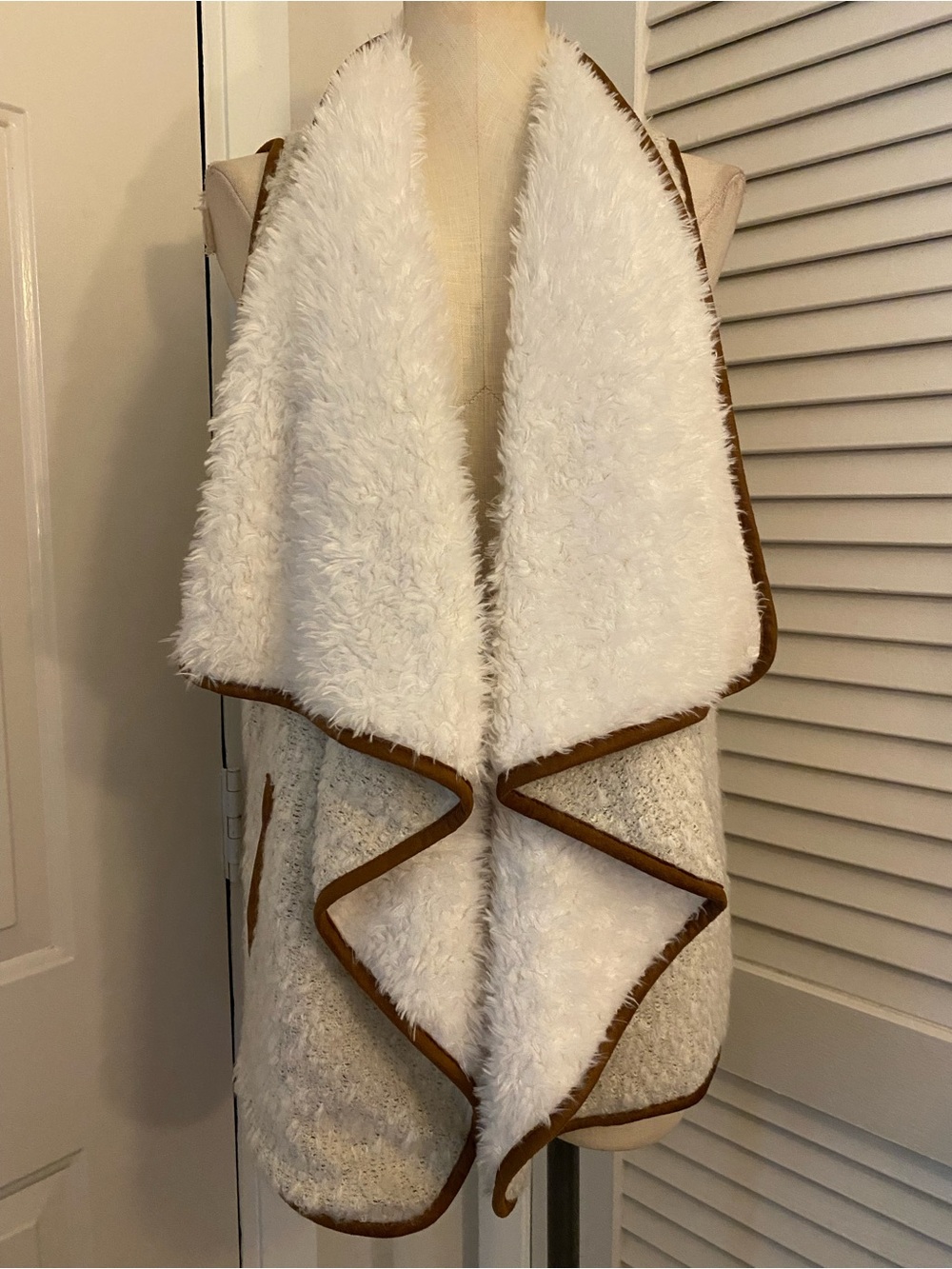 Maurices Cream Faux-Sherpa Draped Vest with Brown Trim- Size XL